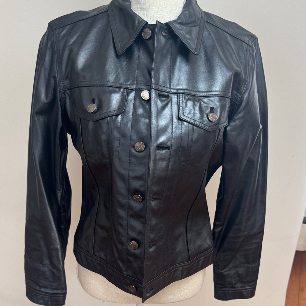 Ralph Lauren Silver Black Leather Button-Front Women's Jacket size M